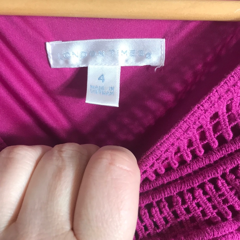 LONDON TIMES Fuchsia Pink Purple Sleeveless Eyelet Elastic Waist Dress 4 EUC - Picture 4 of 5